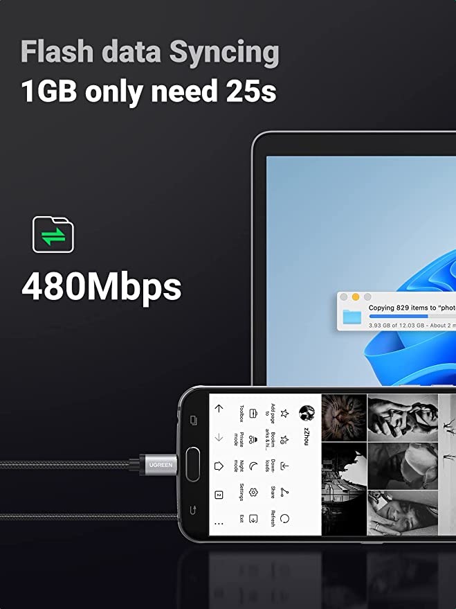 كيبل مايكرو USB من النايلون المضفر من يوجرين من USB الى مايكرو USB 20 يدعم خاصية الشحن السريع ومتوافق مع اجهزة Android وجالكسي اس 7 واس 6 ونوت وال جي ونيكسس ونوكيا وPS4 بطول 1 متر اسود