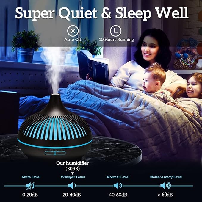 بيونتي جهاز ترطيب الهواء بالرذاذ البارد، موزع للزيوت العطرية للغرفة الكبيرة، مع 4 مؤقت، موزع روائح علاجية مع خاصية الاغلاق التلقائي، 7 اضواء ملونة، للمنزل والمكتب (500 مل، حبيبات خشبية داكنة)