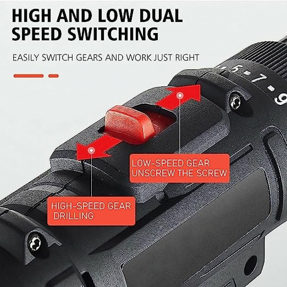 مجموعة مثقاب لاسلكي 21 فولت محمول باليد متعدد الوظائف وقابل لاعادة الشحن مع بطاريتين وشاحن مع سرعتين و25 اعداد عزم دوران واضاءة LED