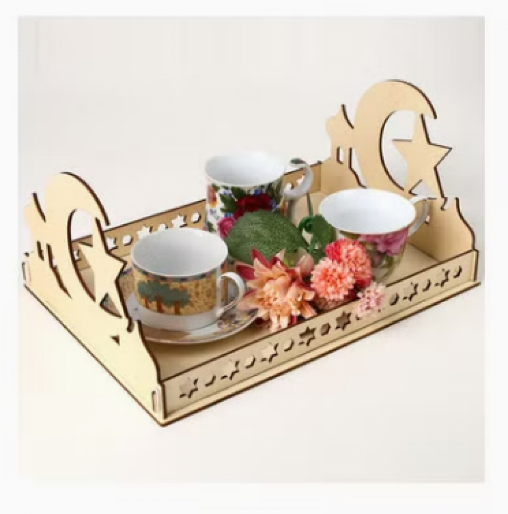 صينية خشبية للطاولة بتصميم شهر رمضان بيج 35.8x25.9x17.3سم