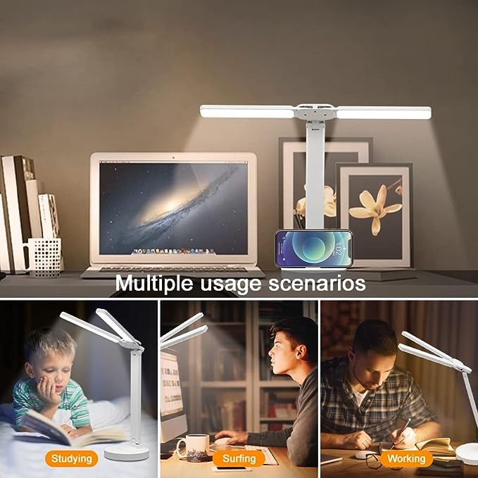 نيكومي مصباح مكتب LED مزدوج الرأس، مصباح طاولة، قابل لاعادة الشحن، عناية بالعين، تحكم باللمس مع منفذ شحن USB، مصباح طاولة بجانب السرير للقراءة والدراسة للاطفال والمنزل والمكتب، ابيض