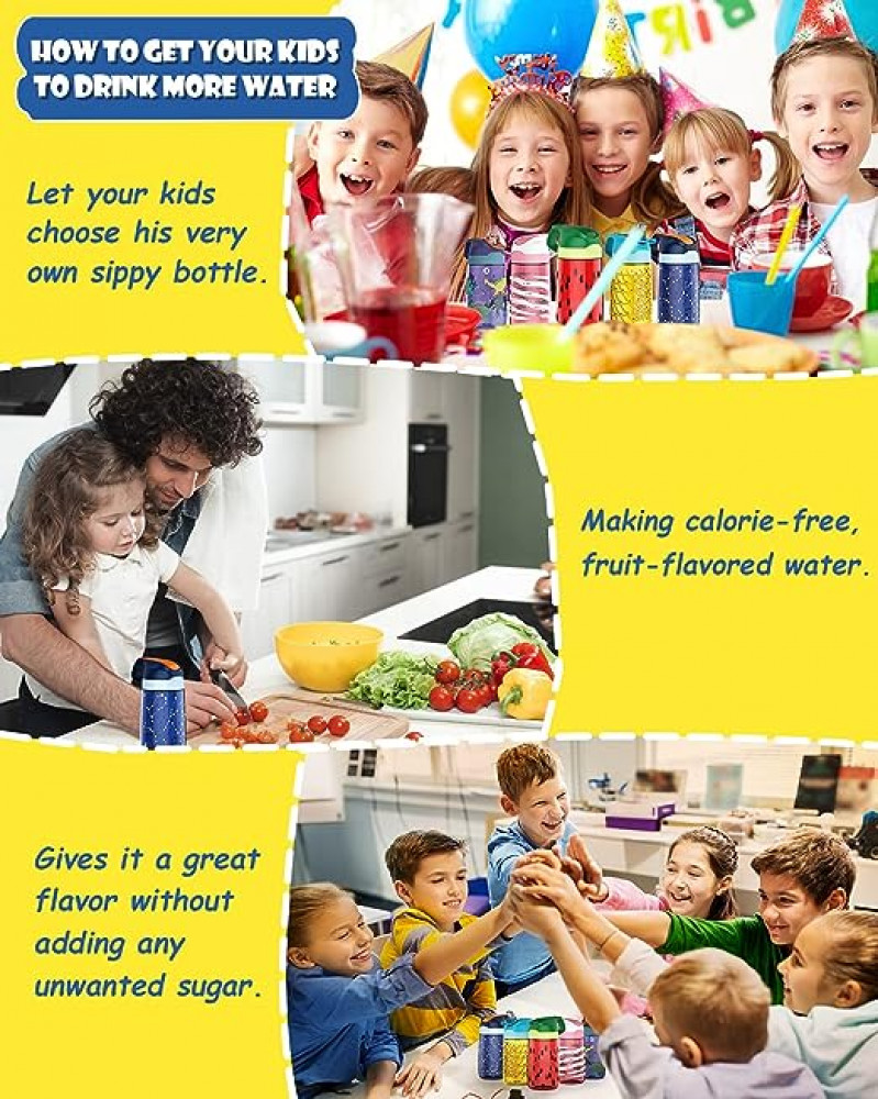 زجاجة مياه للاطفال من اف جيه بوتل مع قشة، زجاجة بلاستيكية مانعة للتسرب سعة 16 اونصة مع مقبض وشرب بفوهة واسعة للاطفال والمدرسة والرياضة