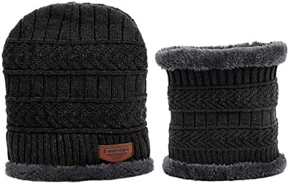 طقم شتوي من قطعتين قبعة ووشاح بلون اسود، قبعة ووشاح شتويين منسوجين من صوف مخطط سميك للرجال والنساء