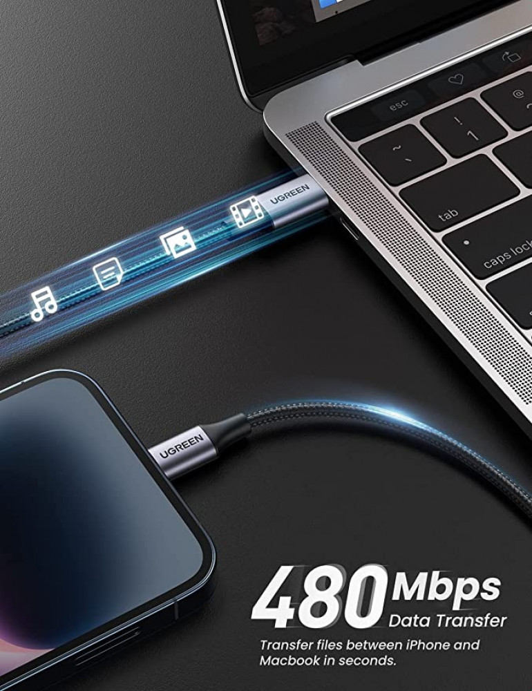 كيبل لايتنيج شحن سريع مضفر لاجهزة ايفون من يوجرين 1 متر [معتمد من ان اف اي] للتوصيل من USB C الى لايتنيج، شاحن سريع بي دي 18 واط متوافق مع هواتف ايفون 13 برو / 13 برو ماكس / 13/ 13 ميني وغيرها - اسود