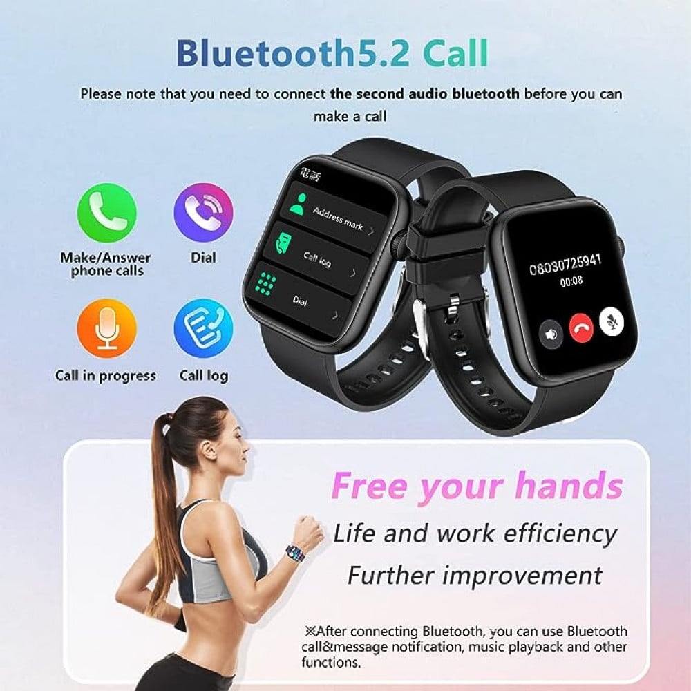 اي بي صن ساعة ذكية (استقبال واتصال)، شاشة TFT HD 1.85 انش مقاومة للماء بتصنيف IP67 لمعدل نبضات القلب ومراقبة الاكسجين في الدم، ومراقب النوم والسعرات الحرارية، ساعة ايقاف، عداد خطوات للنساء والرجال