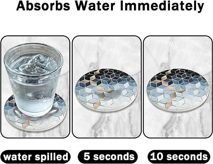 قواعد اكواب ممتصة من السيراميك مع حامل من الميكاكوز من 6 قطع، قواعد اكواب بتصميم رخامي مع قاعدة من الفلين، قاعدة لاكواب المشروبات الباردة والعصير تحمي سطح الطاولة 4 انش (ازرق)