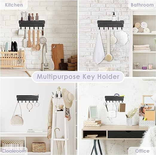 حامل مفاتيح مغناطيسي مع صينية من الميكاكو، سلسلة مفاتيح حائط مغناطيسية، حامل مفاتيح ذاتي اللصق، مع حامل صغير و6 خطافات معدنية، لتزيين الحائط والباب والمدخل والمكتب (اسود)