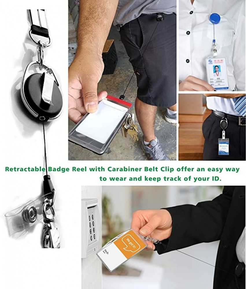 حافظة بطاقة الهوية وحبل قصير شديد التحمل بلون اسود وحامل شارة وسلسلة بشكل بكرة قابلة للسحب ومشبك من البلاستيك