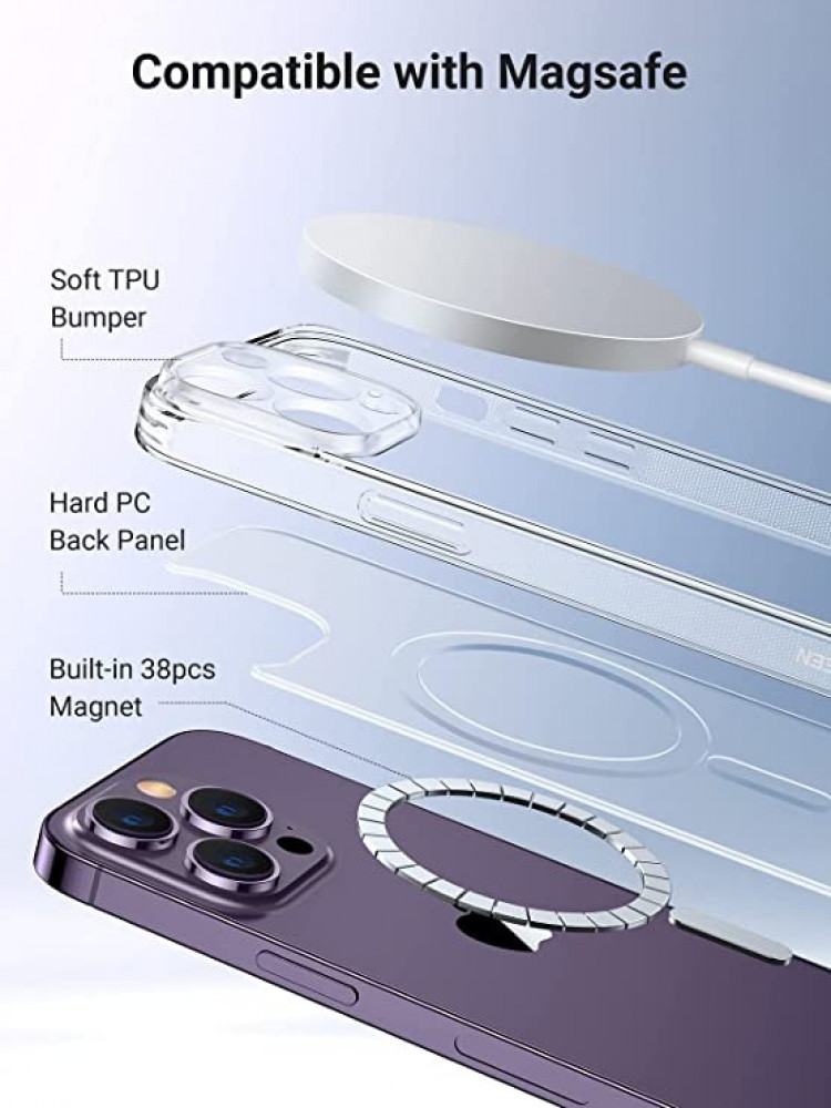 حافظة حماية ماج سيف رفيعة مغناطيسية مقاومة للاصفرار وممتصة للصدمات ومضادة للخدش مع ظهر صلب كريستالي لجوال ايفون 14 برو ماكس من يوجرين 67 انش