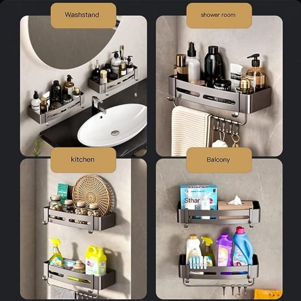 رف دش للحمام من اتش اس كيو ام ايه، منظم دش بدون ثقب لاصق مع قضيب تعليق، ارفف دش للحمام وغرفة المعيشة والمطبخ والمرحاض