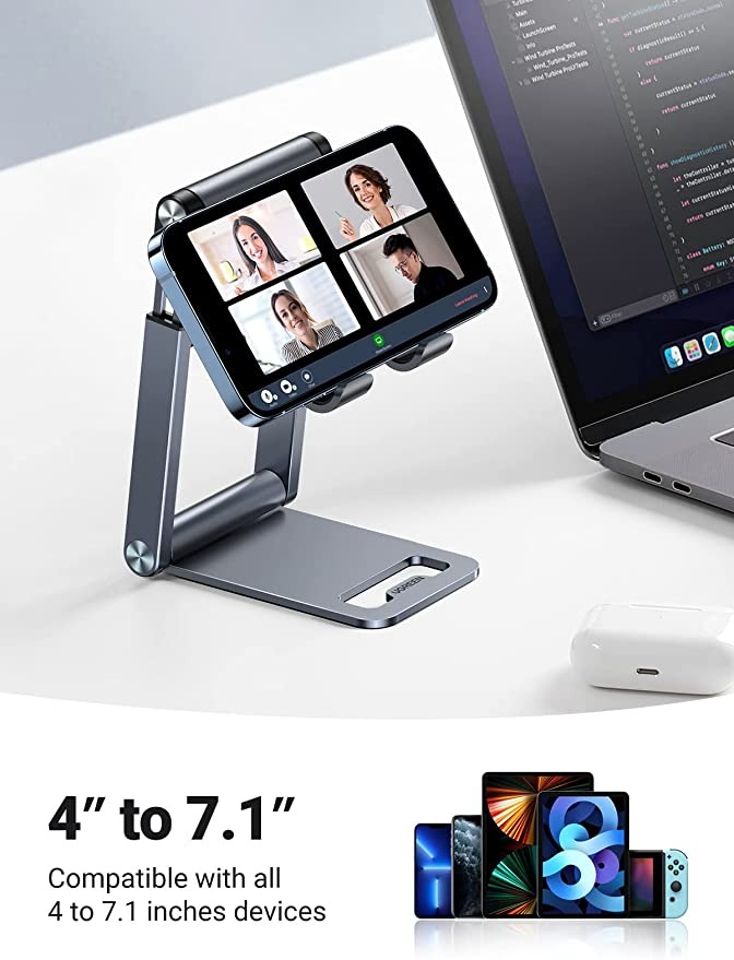 يوجرين حامل هاتف معدني حامل هاتف معدني لارتفاع المكتب قابل للتعديل حامل iPhone حامل iPhone قابل للطي متوافق مع جميع هواتف iPhone SE 3 iPhone 13 Pro Max 13mini Galaxy S22 S21 S20 إلخ