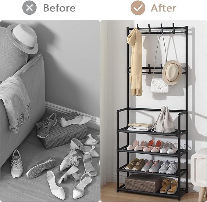رف احذية للخزانة من اكسسبرينج، رف معطف من 4 طبقات مع مساحة تخزين للاحذية، خزانة منظم احذية 60 سم مع 8 خطافات، رف احذية انابيب معدنية متينة لتخزين وتنظيم الاحذية والمعاطف والقبعات (اسود)