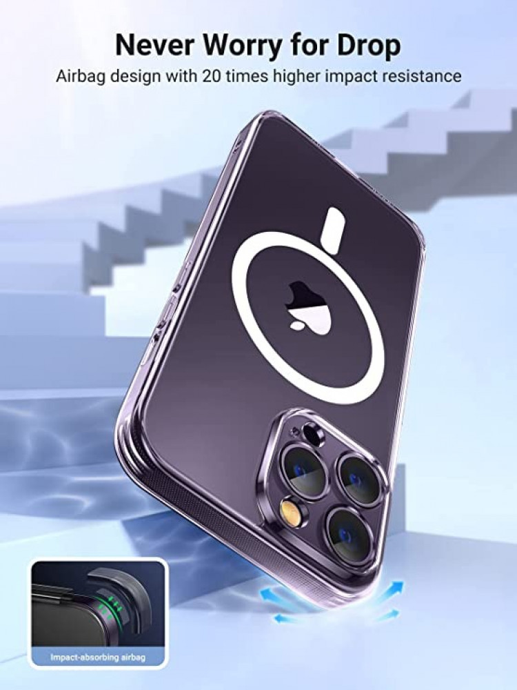 حافظة حماية ماج سيف رفيعة مغناطيسية مقاومة للاصفرار وممتصة للصدمات ومضادة للخدش مع ظهر صلب كريستالي لجوال ايفون 14 برو ماكس من يوجرين 67 انش