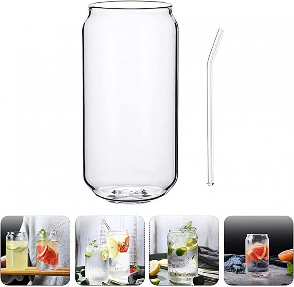 كوب زجاجي شفاف على شكل علبة من الكدون، مع شفاطة لشرب المياه والعصائر والمشروبات المخلوطة واي مشروب في اي مناسبة (500 مل)