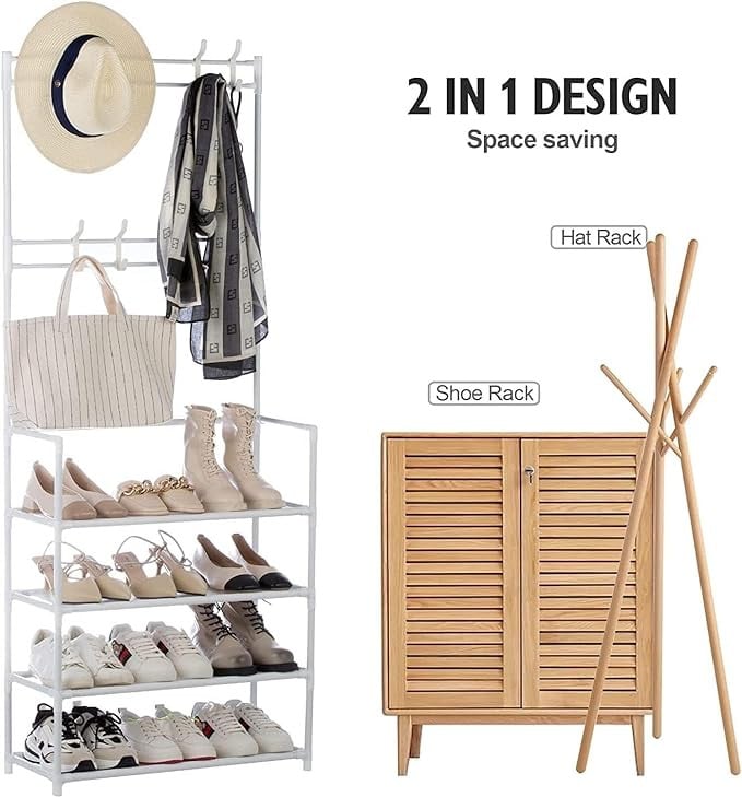 رف احذية للخزانة من اكسسبرينج، رف معطف من 4 طبقات مع مساحة تخزين للاحذية، خزانة منظم احذية 60 سم مع 8 خطافات، رف احذية انابيب معدنية متينة لتخزين وتنظيم الاحذية والمعاطف والقبعات (اسود)