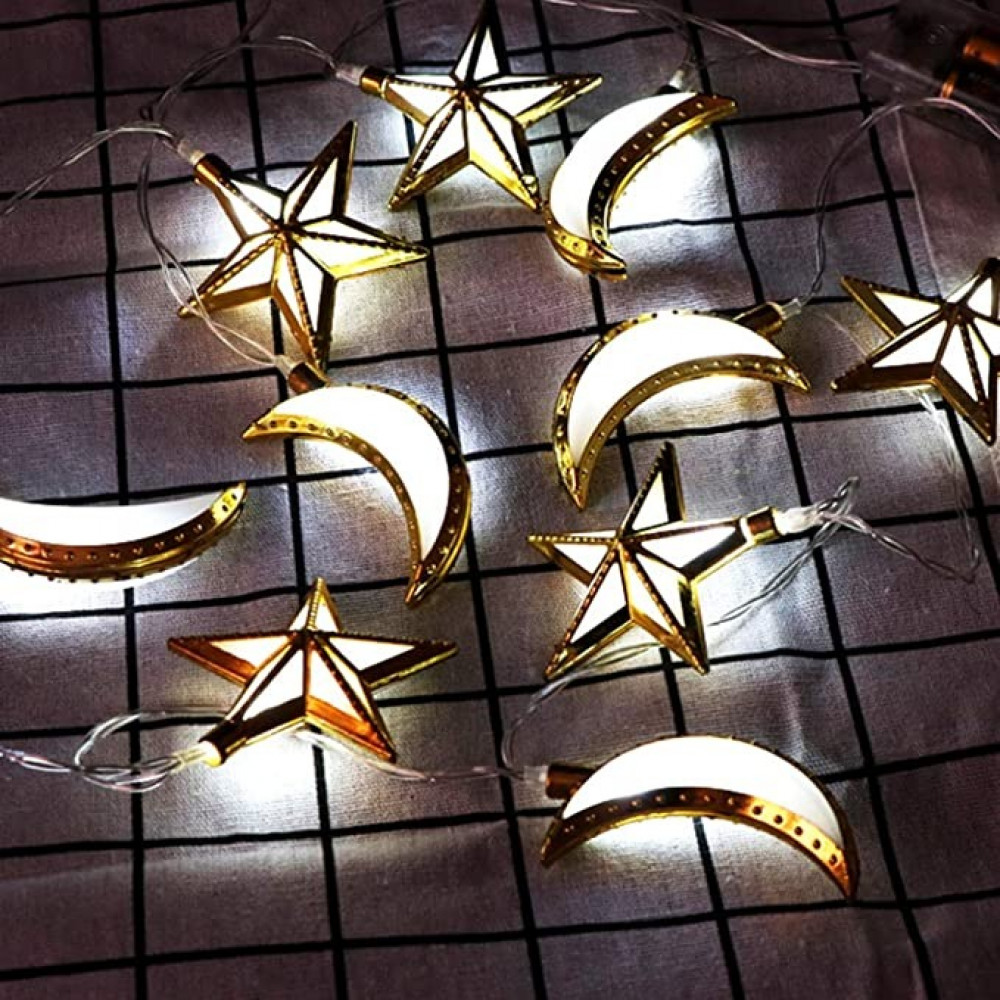 سلسلة اضواء رمضان للمسلمين من موبيستيك، زينة عيد مبارك على شكل قمر ونجم بلون ابيض دافئ، تعمل على البطارية (غير مُضمنة)، لعيد رمضان