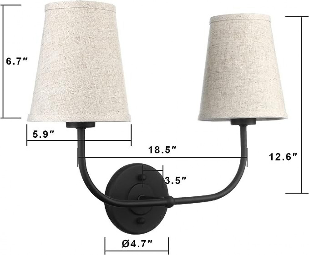 بريمو مصباح حائط صناعي مزدوج بتصميم عتيق مع قمع متوهج من قماش الكتان لغرفة النوم وغرفة الطعام والصالة والممر والسلم اسود
