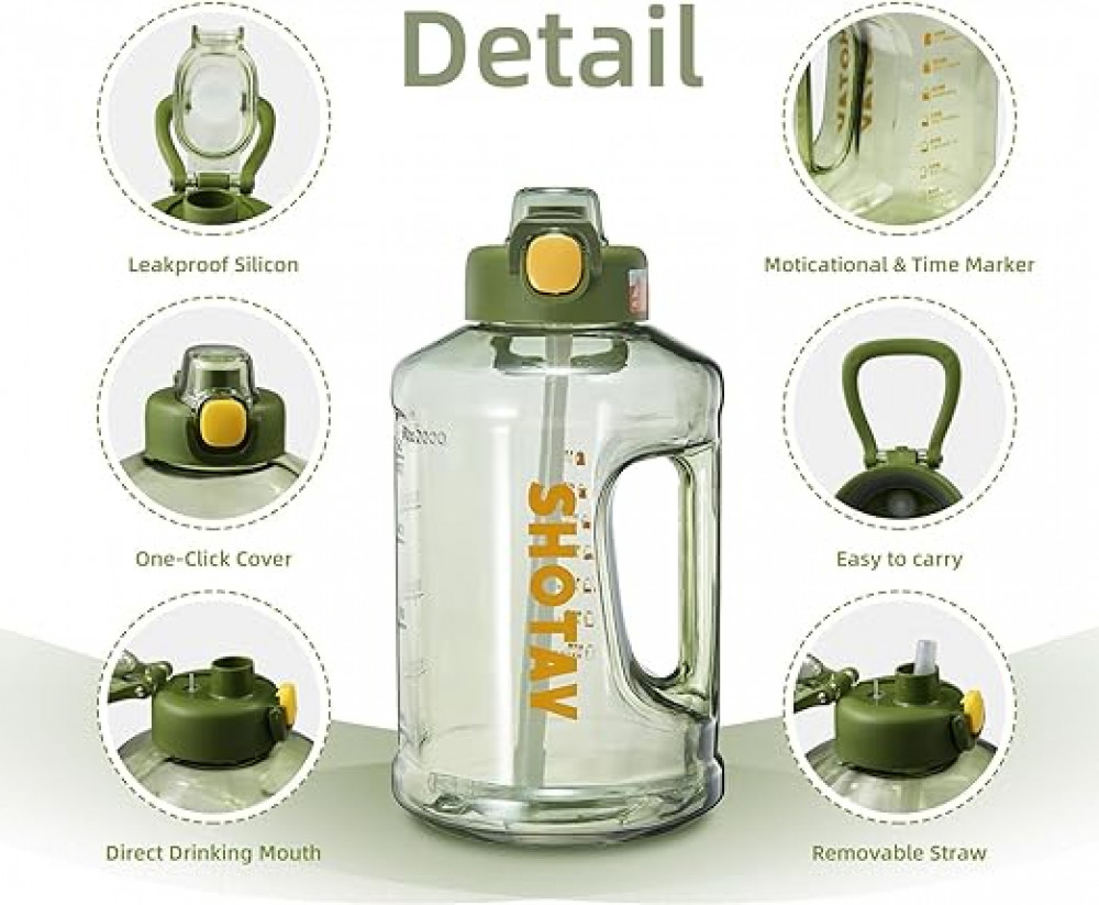 زجاجة مياه رياضية سعة 2.5 لتر تحفيزية مع قشة قابلة للإزالة، زجاجة خالية من البيسفينول ايه مانعة للتسرب، للياقة البدنية وصالة الألعاب الرياضية والرياضة والتخييم من شوتاي أخضر