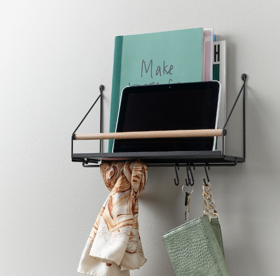 منظم حائطي من IKEA مع رف وخطافات وقضيب خشبي 42×26×12 سم