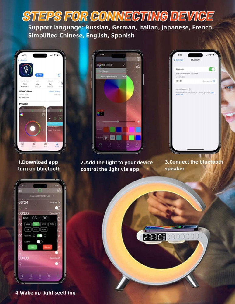 بيستيجو مصباح بجانب السرير مع وظيفة الشحن اللاسلكي، ضوء الاستيقاظ، ساعة منبه ضوء النهار، مكبر صوت بلوتوث قابل للتعتيم، موسيقى مع شاحن لاسلكي 15 واط، ديكور لغرفة المعيشة (ابيض)