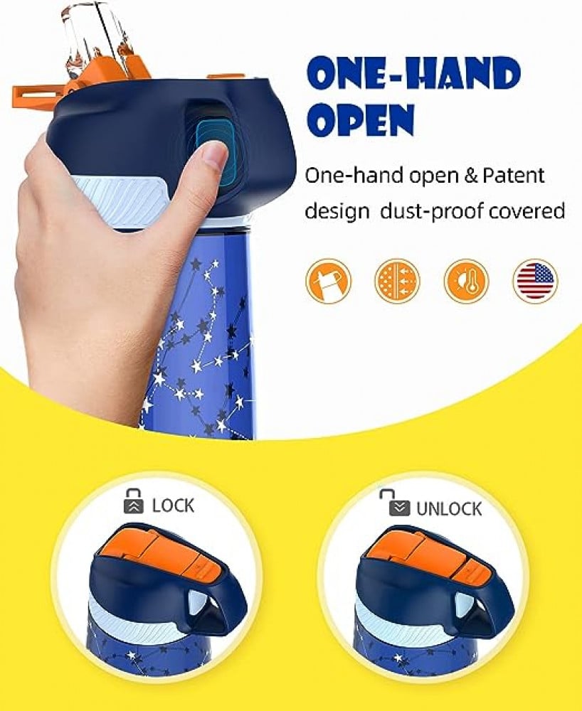 زجاجة مياه للاطفال من اف جيه بوتل مع قشة، زجاجة بلاستيكية مانعة للتسرب سعة 16 اونصة مع مقبض وشرب بفوهة واسعة للاطفال والمدرسة والرياضة