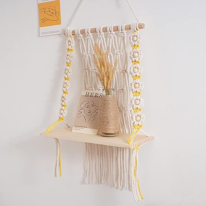 رف معلق على الحائط من مكرمية، ارفف ديكور خشبية بنمط بوهو مع حبل منسوج يدويا، ارفف معلقة داخلية، رف تخزين معلق عائم رف ديكور للحمام وغرفة النوم وغرفة المعيشة ورف الكتب، ابيض