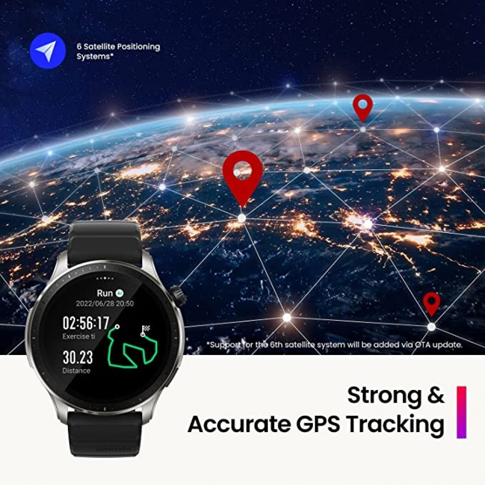 اميزفيت ساعة سمارت GTR 4 لاندرويد وايفون للرجال، GPS ثنائي النطاق، مساعد اليكسا، مكالمات بلوتوث، كشف السقوط، عمر بطارية 14 يوم، مراقب معدل نبضات القلب ونسبة اوكسجين الدم، شاشة AMOLED 1.43 انش، اسود