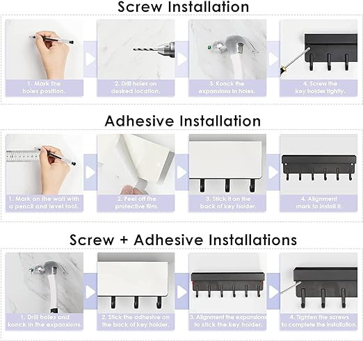 حامل مفاتيح مغناطيسي مع صينية من الميكاكو، سلسلة مفاتيح حائط مغناطيسية، حامل مفاتيح ذاتي اللصق، مع حامل صغير و6 خطافات معدنية، لتزيين الحائط والباب والمدخل والمكتب (اسود)
