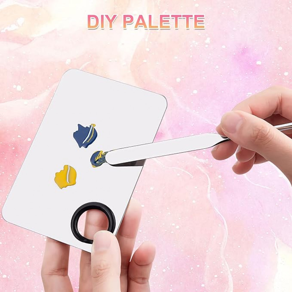 باليت مكياج مع ملعقة مسطحة، صينية لمزج المكياج من الستانلس ستيل مع ملعقة لكريم الاساس، اداة فنية لفنون الاظافر وظلال العيون والرموش ومزج الصبغات والمكياج