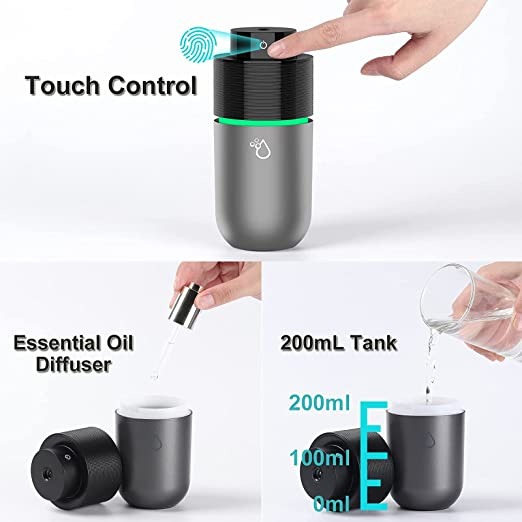 مرطب معطر فواح للسيارة من باردانز، ناشر زيوت عطرية مع منفذ USB وضوء LED بـ7 الوان سعة كبيرة 200 مل للعلاج بالروائح العطرية (لون اسود - رمادي)
