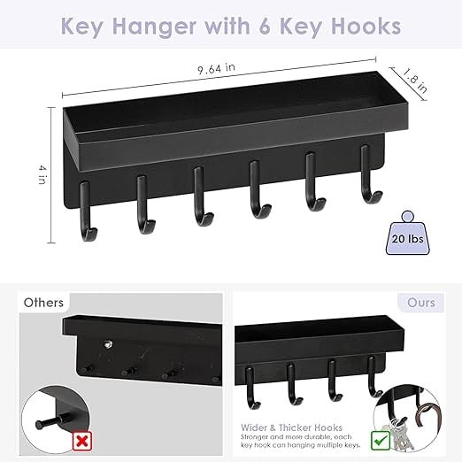 حامل مفاتيح مغناطيسي مع صينية من الميكاكو، سلسلة مفاتيح حائط مغناطيسية، حامل مفاتيح ذاتي اللصق، مع حامل صغير و6 خطافات معدنية، لتزيين الحائط والباب والمدخل والمكتب (اسود)