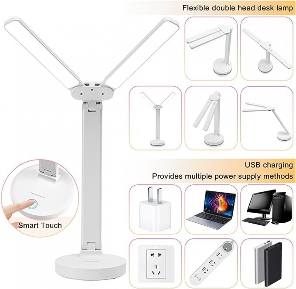 نيكومي مصباح مكتب LED مزدوج الرأس، مصباح طاولة، قابل لاعادة الشحن، عناية بالعين، تحكم باللمس مع منفذ شحن USB، مصباح طاولة بجانب السرير للقراءة والدراسة للاطفال والمنزل والمكتب، ابيض