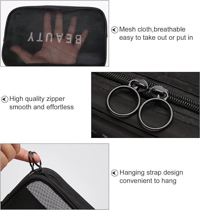 شنطة مستحضرات تجميل شبكية للنساء، شنطة نايلون جيدة التهوية محمولة بسحاب لتنظيم مستحضرات التجميل، شنطة للمنزل والمكتب ومستلزمات السفر للنساء، اسود