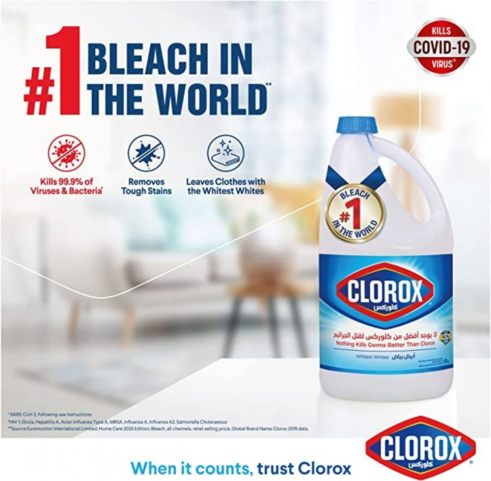 سائل مبيض اصلي من كلوروكس، منظف ومطهر للاستخدام المنزلي يقتل 99.9% من الجراثيم والفيروسات من بحجم 1.89 لتر