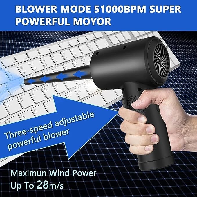 منفاخ هواء بديل كهربائي ومضغوط ولاسلكي ومحمول | بقدرة 51000 لفة في الدقيقة وبطارية بسعة 6000 mAh مع خمسة ملحقات للفوهة، لتنظيف الكيبورد واللابتوب بالهواء
