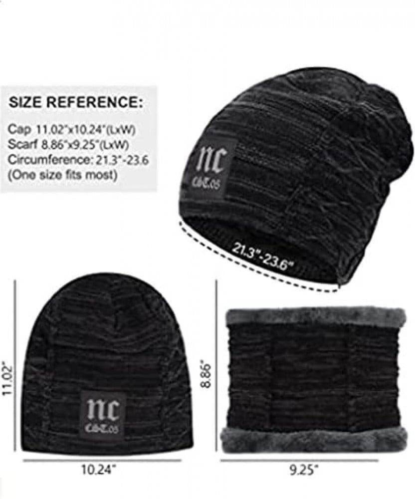 طقم شتوي من قطعتين قبعة ووشاح بلون اسود، قبعة ووشاح شتويين منسوجين من صوف مخطط سميك للرجال والنساء