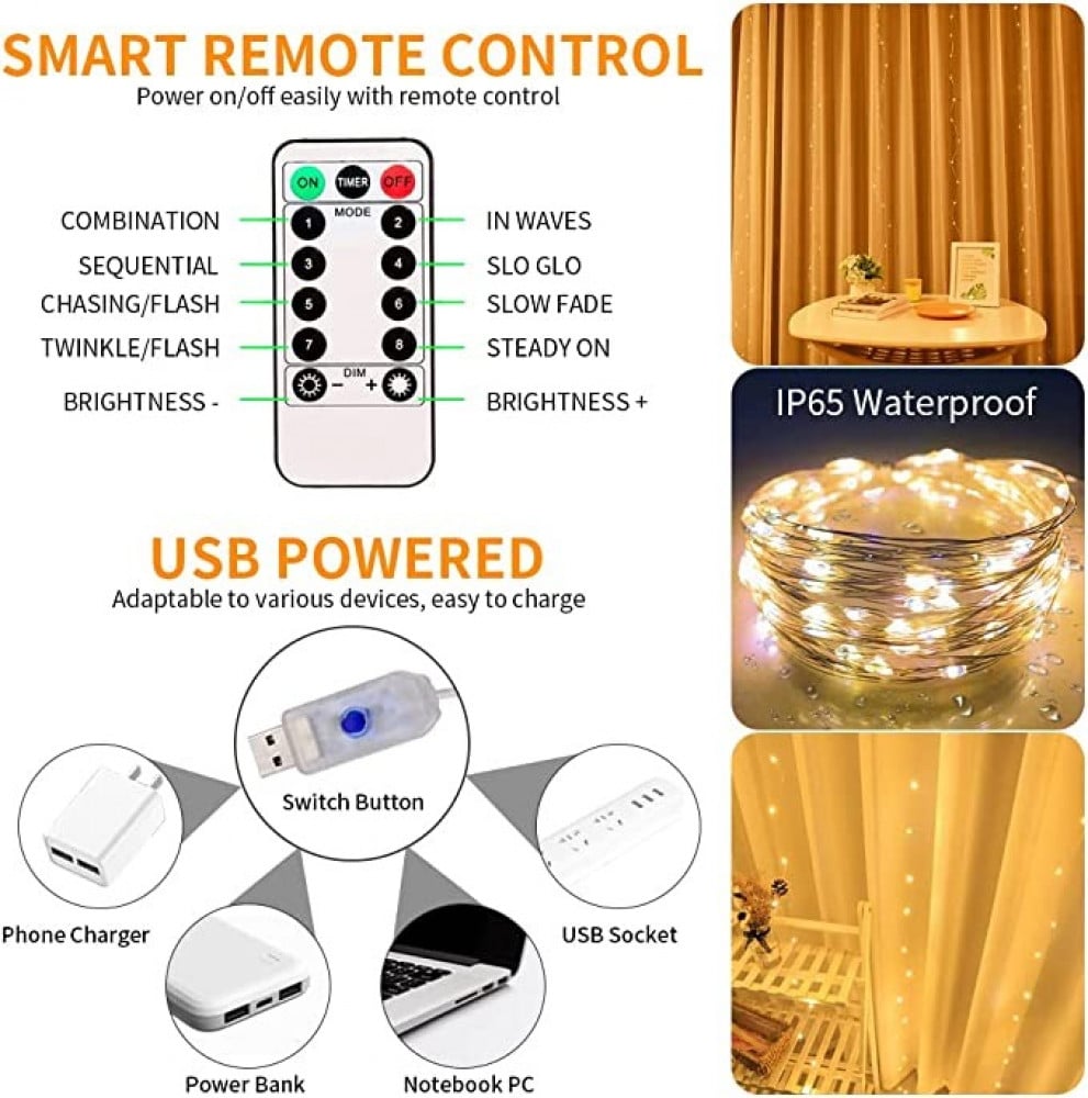 سلسلة مصابيح وامضة لديكور الستارة 3 × 3 متر من يو شوانج، سلسلة مصابيح من 300 مصباح LED تعمل عبر USB و8 اوضاع قابلة للتعديل مع جهاز تحكم لاسلكي لديكور النافذة وعيد الميلاد والكريسماس - ابيض دافئ