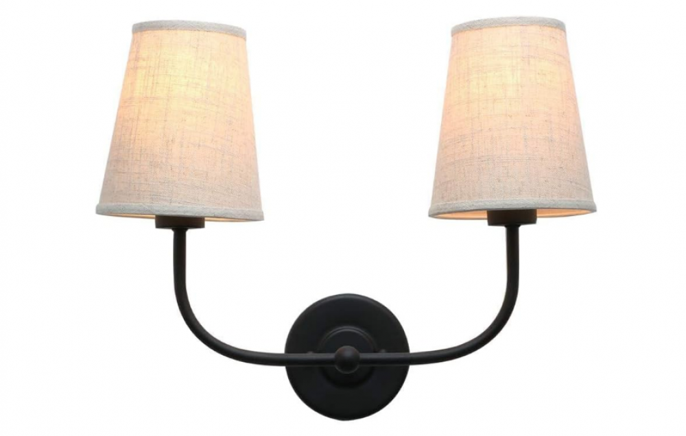 بريمو مصباح حائط صناعي مزدوج بتصميم عتيق مع قمع متوهج من قماش الكتان لغرفة النوم وغرفة الطعام والصالة والممر والسلم اسود