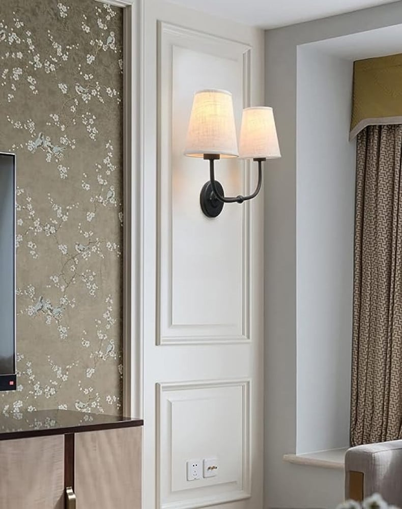 بريمو مصباح حائط صناعي مزدوج بتصميم عتيق مع قمع متوهج من قماش الكتان لغرفة النوم وغرفة الطعام والصالة والممر والسلم اسود