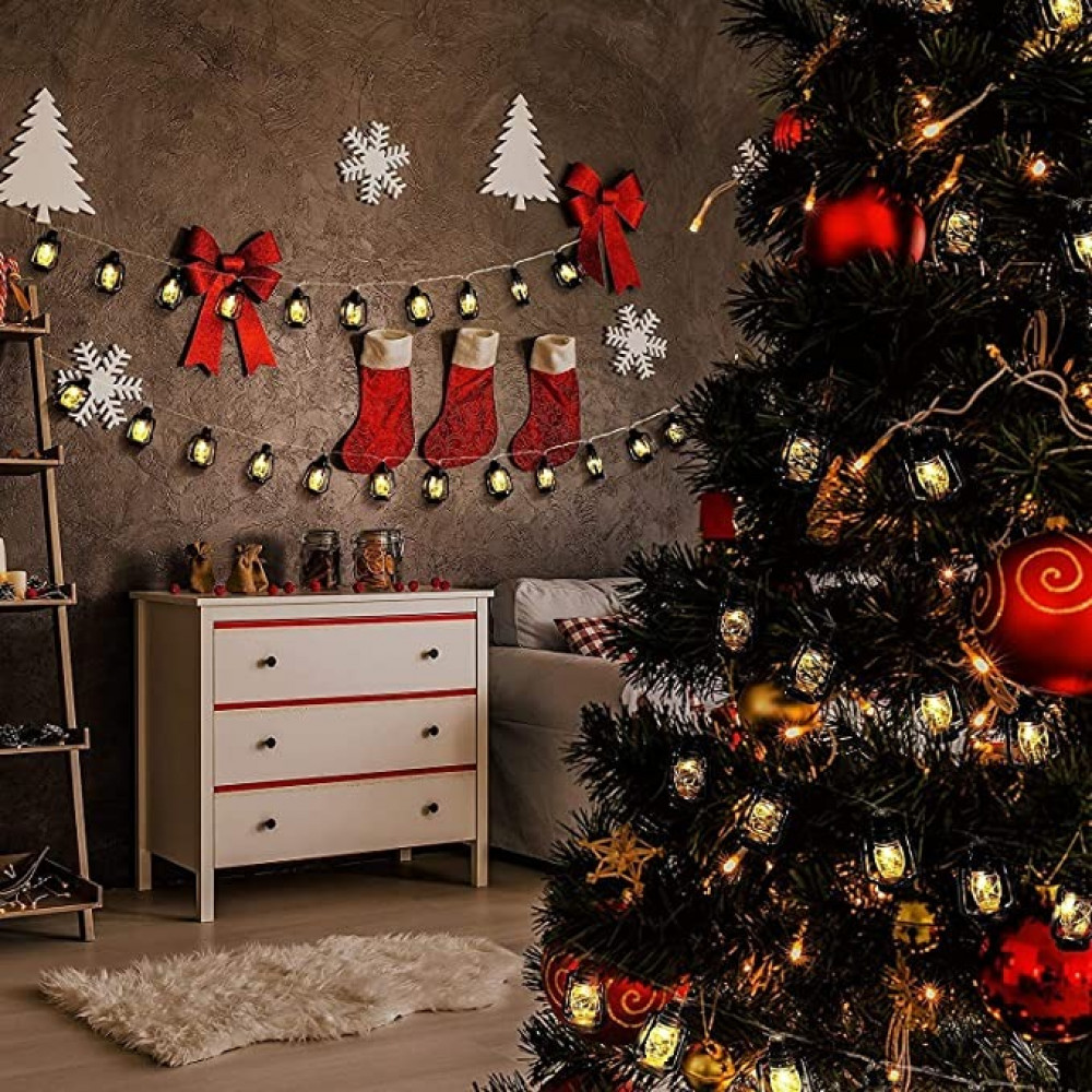 سلسلة مصابيح بتصميم فانوس، 10 مصابيح LED سوداء من سلسلة مصابيح الكيروسين الصغيرة لتزيين الاماكن المغلقة والمفتوحة والحدائق وحفلات الزفاف وشجرة الكريسماس للعام الجديد (ضوء ابيض دافئ)