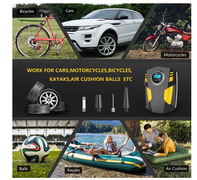 مضخة ضاغط هواء اطارات السيارة كهربائية 12 فولت رقمية محمولة وسريعة مع 3 محولات فوهة واضاءة LED رقمية لاطارات السيارات وغيرها من الادوات القابلة للنفخ من ويمارت
