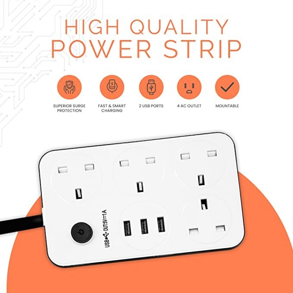 سلك تمديد طاقة بطول 3 متر مع 4 مقابس طاقة و3 فتحات USB من ايلونسي، 4 وصلات كهربائية مع فتحات شحن USB سريعة، سلك تمديد شديد التحمل - ابيض