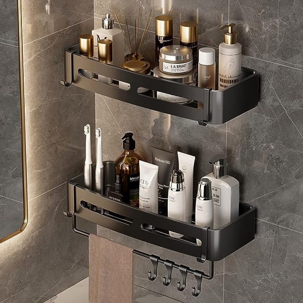 رف دش للحمام من اتش اس كيو ام ايه، منظم دش بدون ثقب لاصق مع قضيب تعليق، ارفف دش للحمام وغرفة المعيشة والمطبخ والمرحاض