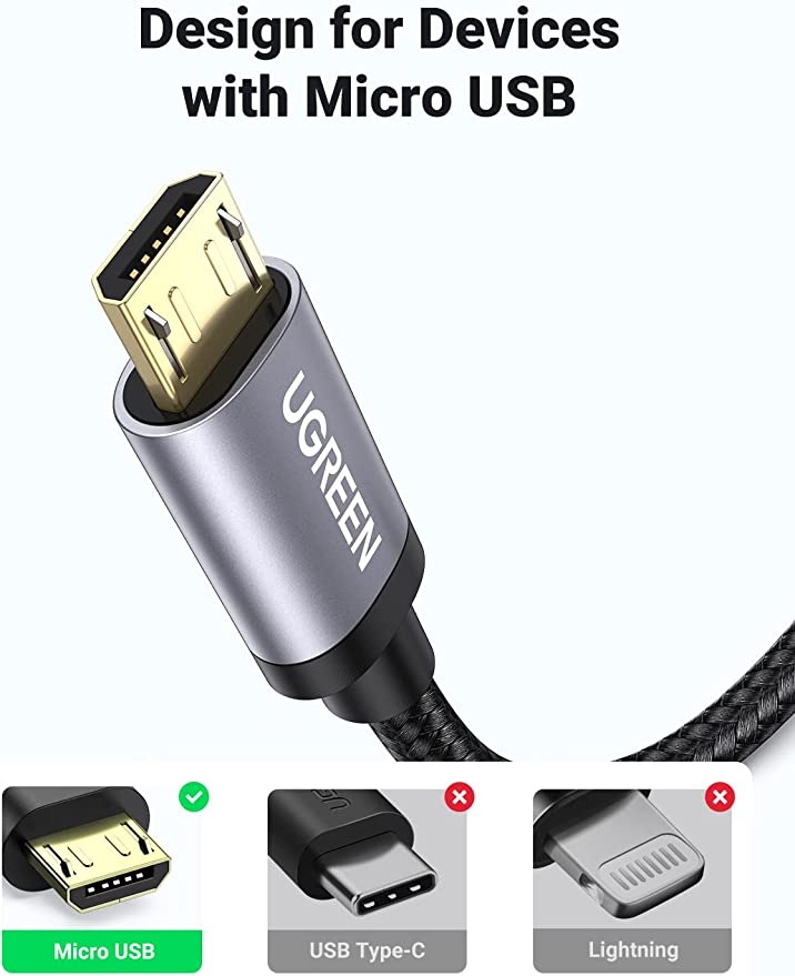 كيبل مايكرو USB من النايلون المضفر من يوجرين من USB الى مايكرو USB 20 يدعم خاصية الشحن السريع ومتوافق مع اجهزة Android وجالكسي اس 7 واس 6 ونوت وال جي ونيكسس ونوكيا وPS4 بطول 1 متر اسود