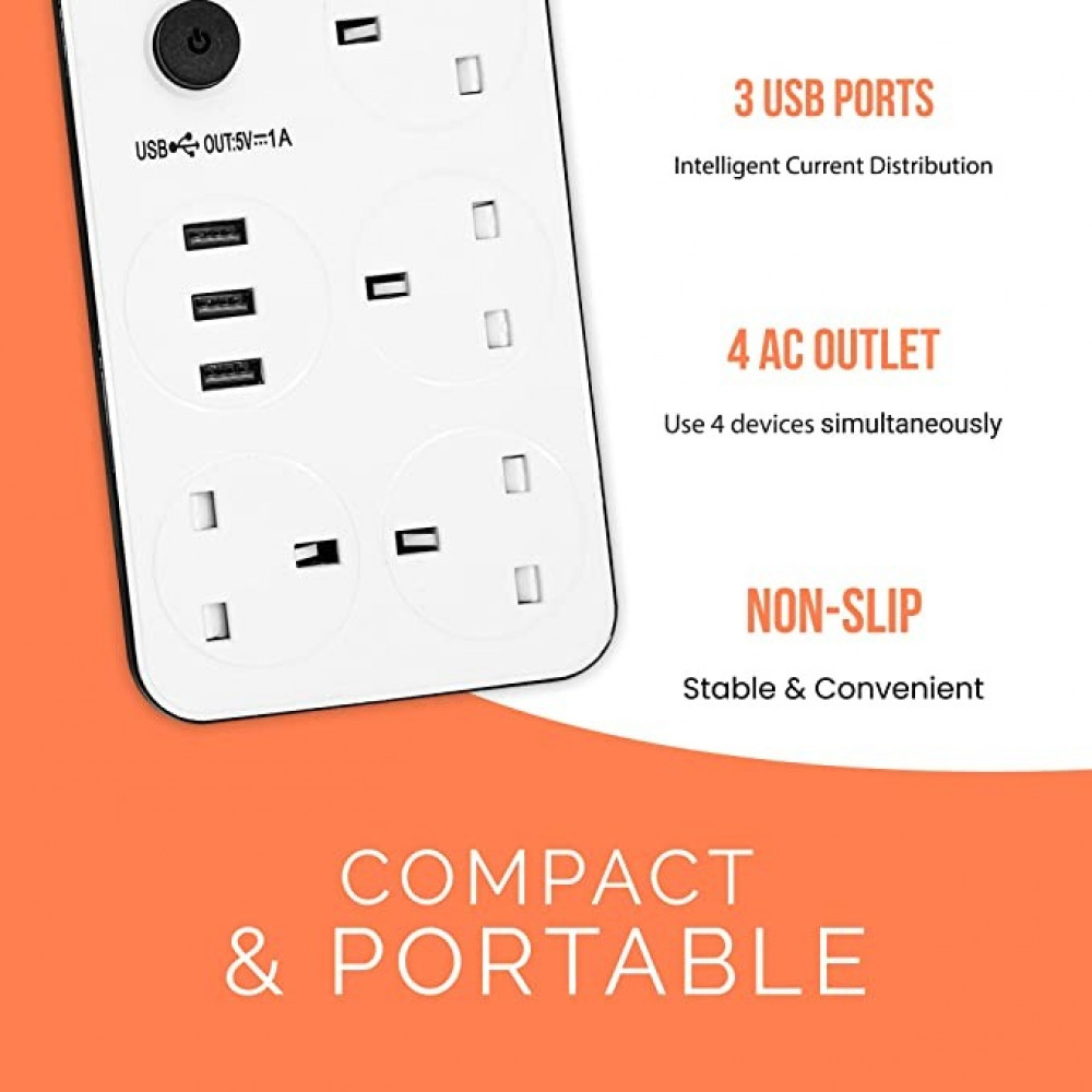 سلك تمديد طاقة بطول 3 متر مع 4 مقابس طاقة و3 فتحات USB من ايلونسي، 4 وصلات كهربائية مع فتحات شحن USB سريعة، سلك تمديد شديد التحمل - ابيض