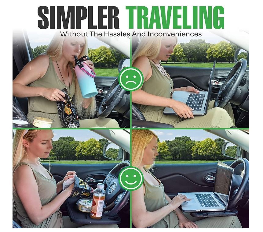 صينية توضع على عجلة القيادة لتناول الطعام وحمل اللابتوب في السيارة مع منطقة لوضع الكوب وتناسب جميع السيارات الشخصية