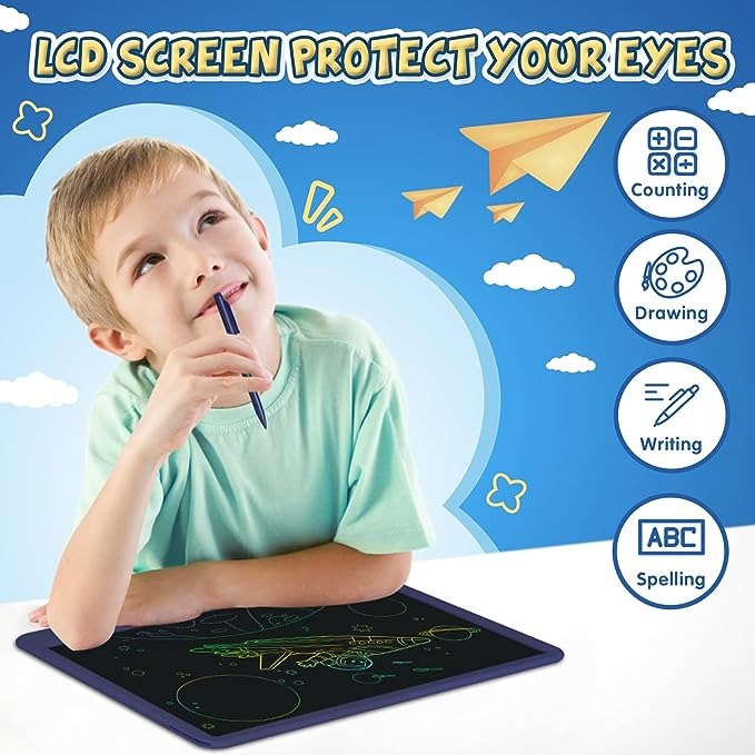 تابلت كتابة LCD للاطفال، لوح رسم 15 انش، لوحة رسم مع ملصقات حيوانات لطيفة وبطاقات تهنئة، العاب تعليمية هدايا للاولاد والبنات من سن 3 الى 12 سنة