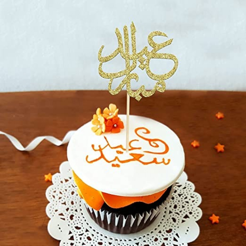 قصاصات ورقية ملونة. مجموعة تزيين الكب كيك بلون ذهبي لامع بتصميم اسلامي باللغة العربية عيد سعيد ورمضان كريم، لوازم حفلات من 24 قطعة