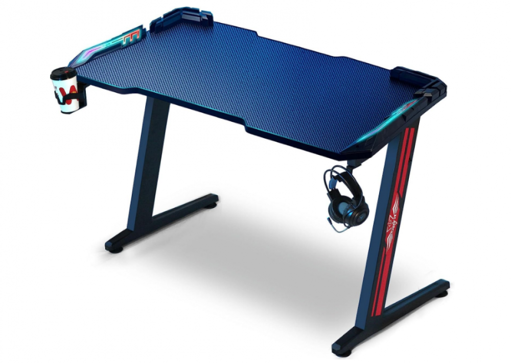 مكتب العاب مريح بتصميم هندسي من سكاي-تاتش شكل حرف Z للكمبيوتر ووحدة العمل والمنزل والمكتب مع اضواء LED وسطح من الياف الكربون وحامل اكواب وخطاف لسماعة الرأس، ازرق 120×60×75 سم