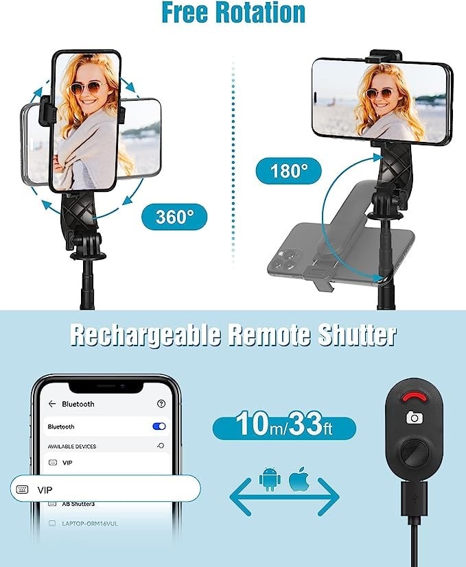 حامل ثلاثي القوائم بتصميم مطور خفيف الوزن ومحمول بتثبيت رباعي بطول 55 انش قابل للاستخدام كعصا صور سيلفي ومزود بجهاز تحكم لاسلكي وموصل كاميرا من اي اوشن، متوافق مع اجهزة ايفون/اندرويد